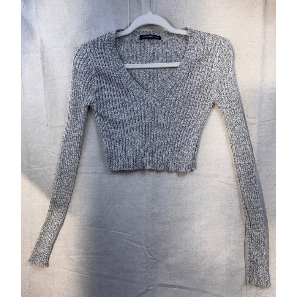 Brandy Melville Grey Marled Ribbed V-Neck Long Sleeve Crop‎ Top Sweater One Size